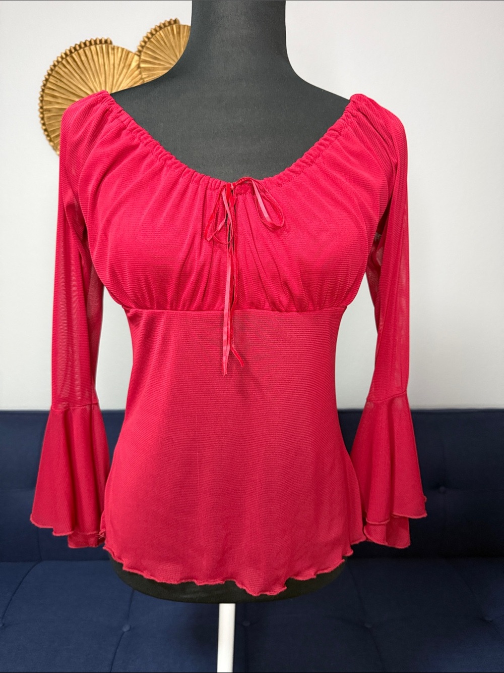 Women's Guess Whimsical Y2K Burgundy RedPeasant Blouse with Bell Sleeves Medium